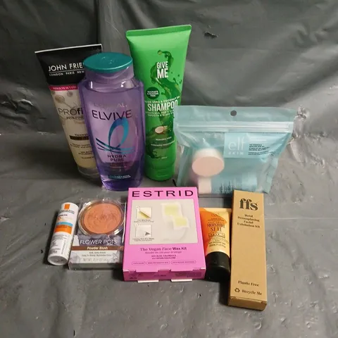 APPROXIMATELY 20 ASSORTED HEALTH & BEAUTY PRODUCTS TO INCLUDE ELF SKIN HOLY HYDRATION MINI ESSENTIALS, ESTRID VEGAN FACE WAX KIT, GIVE ME SHAMPOO, ETC
