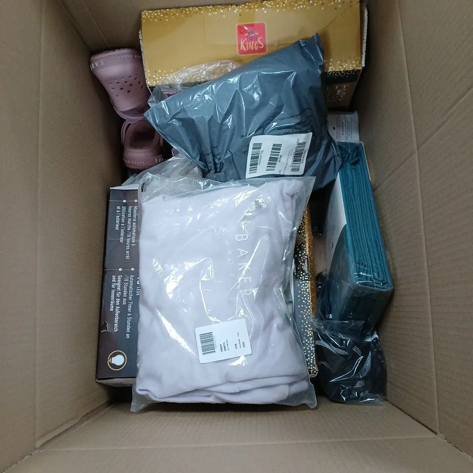 BOX OF APPROXIMATELY 15 ASSORTED HOUSEHOLD ITEMS INCLUDING TED BAKER KIDS COAT AGE 4 - 5, GARNIER FACE AND BODY GLO, VERY DEEP FITTED SHEET ETC