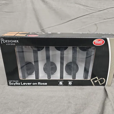 BOXED SCYLLA LEVER ON ROSE – MATT BLACK DOOR LEVER SET (DESIGNER LEVERS)