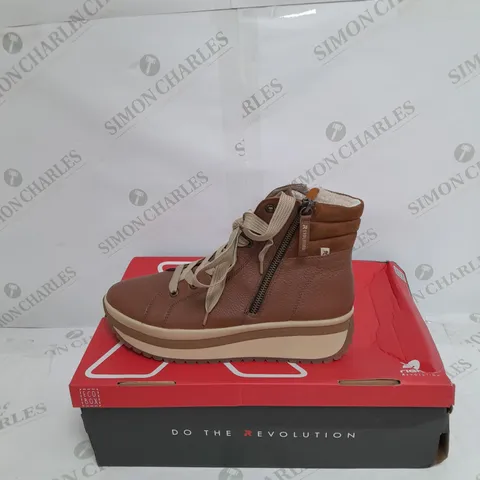 BOXED PAIR OF RIEKER HIGH TOP TRAINERS IN TAN SIZE 5