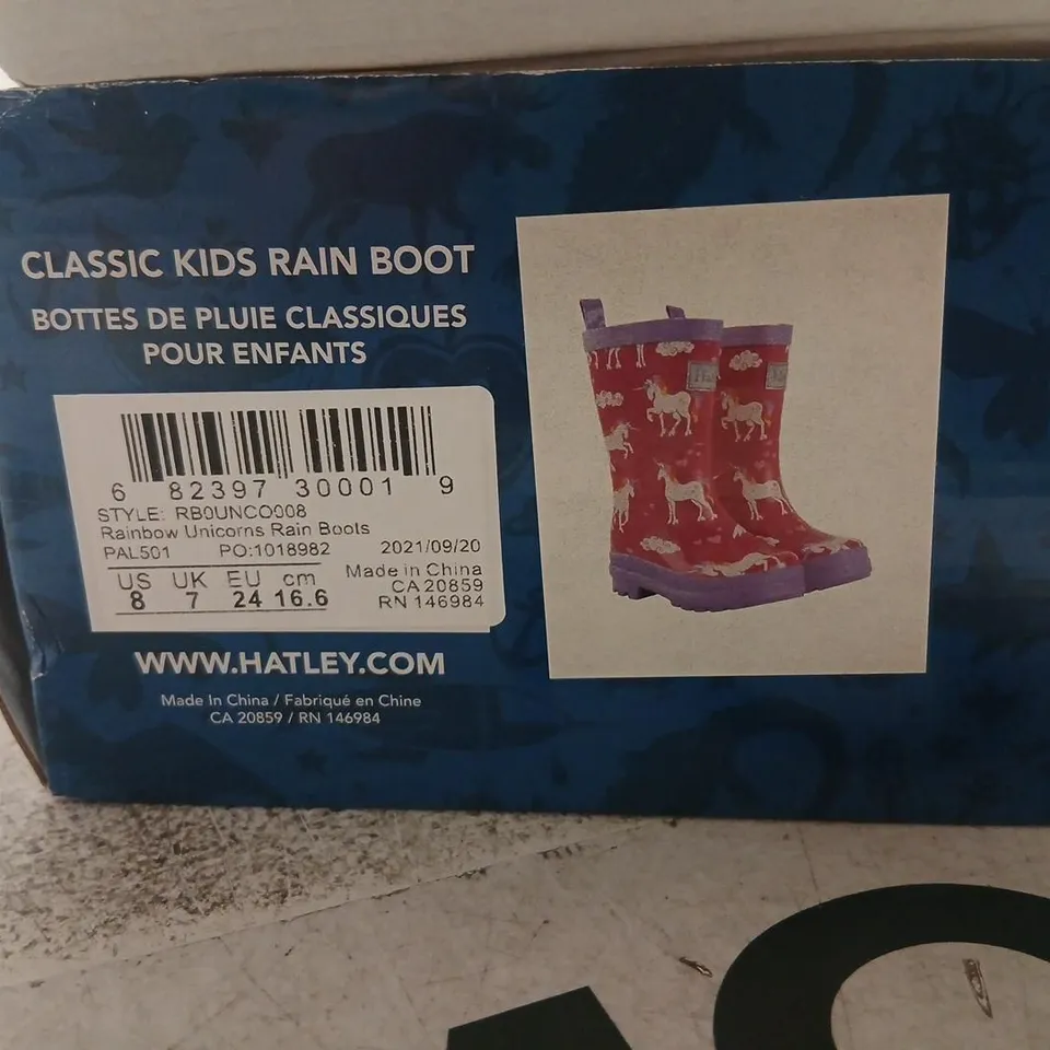 HATLEY CLASSIC KIDS RAIN BOOTS – UNICORNS, PINK WITH PURPLE TRIM, UK KIDS 7