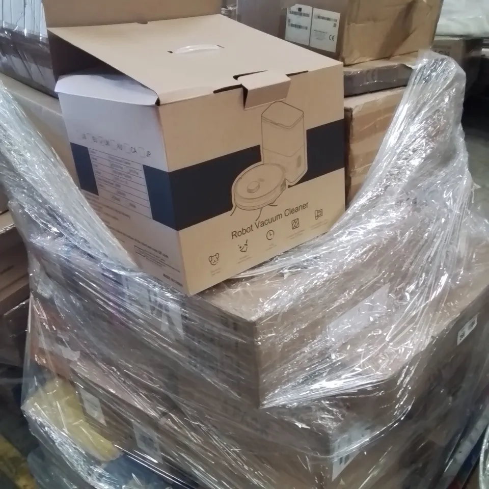 PALLET CONTAINING VARIOUS ASSORTED BOXED ITEMS TO INCLUDE, STEAM MOP, CORDLESS VACUUM, ELECTRIC FAN, ROBOT VACUUM AND LOTS MORE UNMARKED BOXED ITEMS 