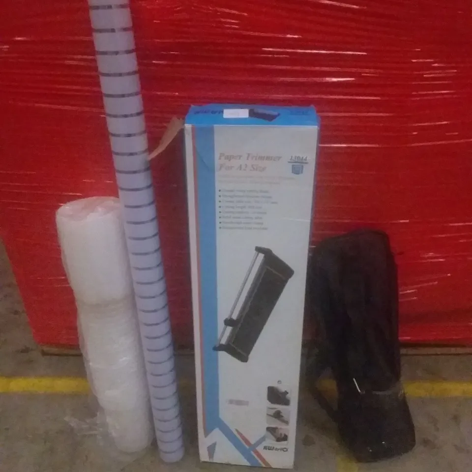 PALLET OF ASSORTED ITEMS INCLUDING PAPER TRIMMER, WALL PAPER ROLL, PLASTIC CUPS