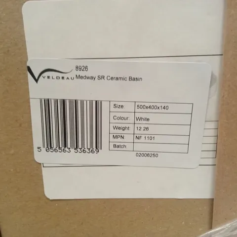 PALLET OF APPROXIMATELY 40 x BOXED VELDEAU MEDWAY SR CERAMIC BASINS, WHITE