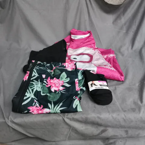 BOX OF APPROXIMATELY 18 ASSORTED CLOTHING ITEMS TO INCLUDE SANTA JUMPER, FLORAL DRESS WITH POCKETS, SOCKS, BLACK TROUSERS ETC