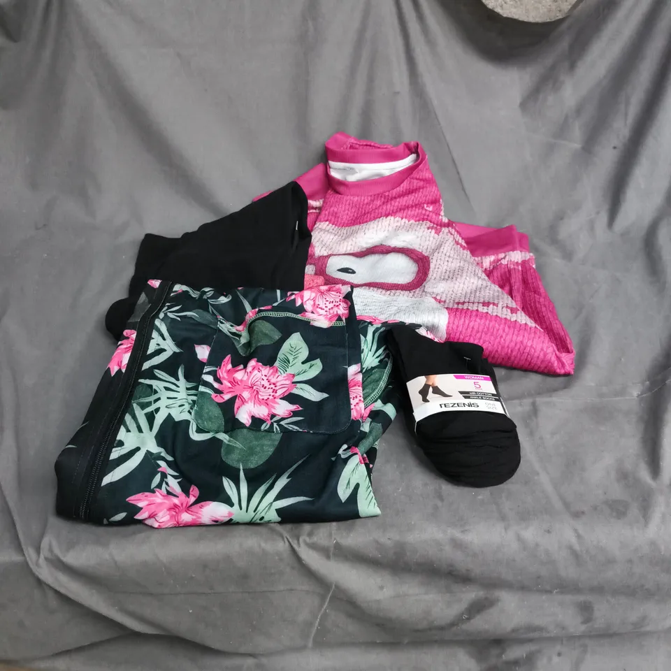 BOX OF APPROXIMATELY 18 ASSORTED CLOTHING ITEMS TO INCLUDE SANTA JUMPER, FLORAL DRESS WITH POCKETS, SOCKS, BLACK TROUSERS ETC