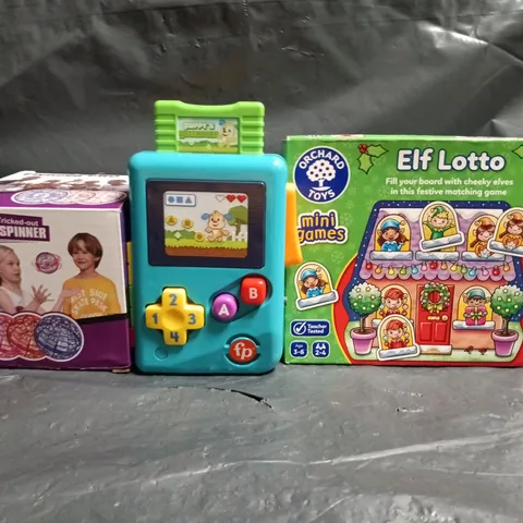 APPROXIMATELY 10 ASSORTED TOYS AND GAMES TO INCLUDE ELF LOTTO, FLYING SPINNER, ETC