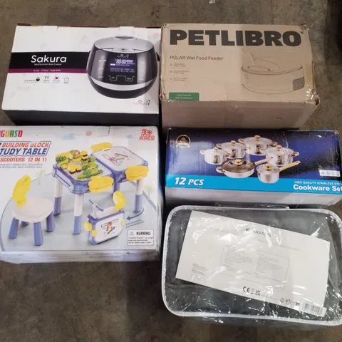 PALLET CONTAINING ASSORTED PRODUCTS INCLUDING POLAR WET FOOD FEEDER, RICE COOKER, BUILDING BLOCK STUDY TABLE, COOKWARE SET, ELECTRIC HEATING BLANKET 