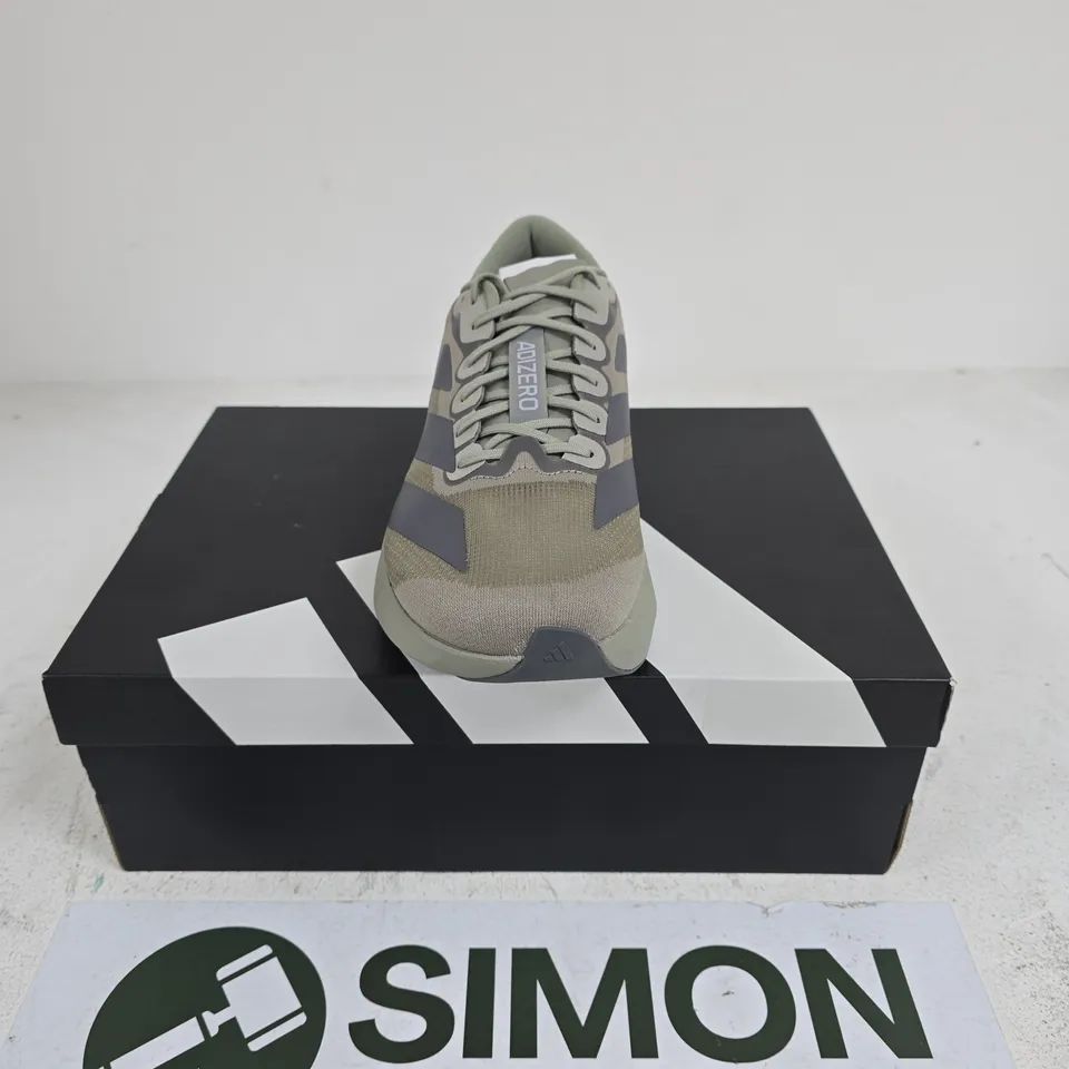 BOXED PAIR OF ADIDAS ADIZERO EVO SL M TRAINERS IN KHAKI - UK 11