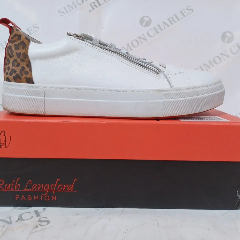 BOXED PAIR OF RUTH LANGSFORD TRAINERS IN WHITE LEOPARD PRINT SIZE 8