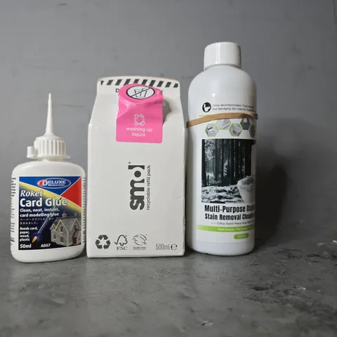 APPROXIMATELY 9 ASSORTED ITEMS TO INCLUDE - SMOL WASHING UP LIQUID , ROKET CARD GLUE ETC