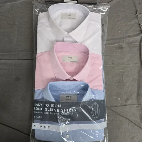 BAGGED M&S SLIM FIT EASY-IRON LONG SLEEVE SHIRTS – 3 PACK, COLLAR 15IN (BLUE MIX)