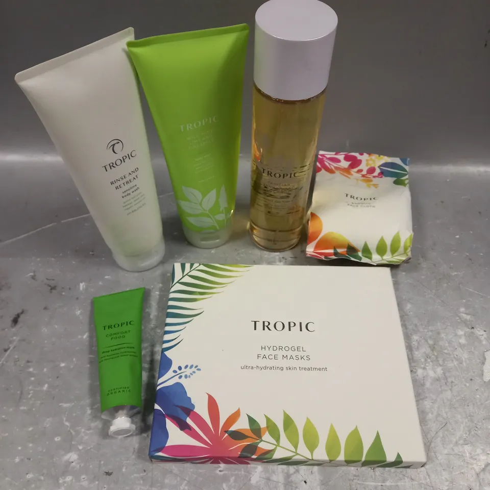 TROPIC SKINCARE LOT OF 6 PRODUCTS TO INCLUDE - HYDROGEL FACE MASKS - LUXURY BATH FOAM - COMFORT FOOD HYDRATION MASK - ETC