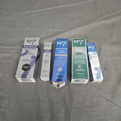 N07 LOT OF 5 ASSORTED SKINCARE PRODUCTS TO INCLUDE - PURE RETINOL EYE CREAM - DAMAGE REVERSAL NIGHT SERUM - 0.3% RETINOL NIGHT CONCENTRATE - ETC