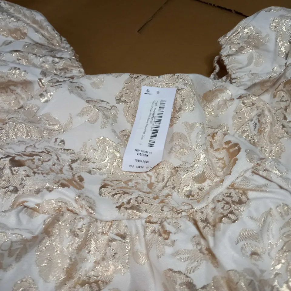 MISS SELFRIDGE WHITE/GOLD DETAILED PUFF SLEEVE TIERED SHIFT DRESS - SIZE 12