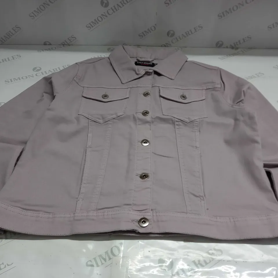 KURT MULLER WOMAN CROP FAUX DENIM JACKET IN VIOLET HAZE - UK 16
