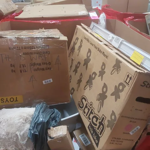 PALLET CONTAINING A LARGE QUANTITY OF ASSORTED ITEMS INCLUDING: PET BED, KIDS PINK BIKE, CAT LITTER TRAY, BLINDS ECT