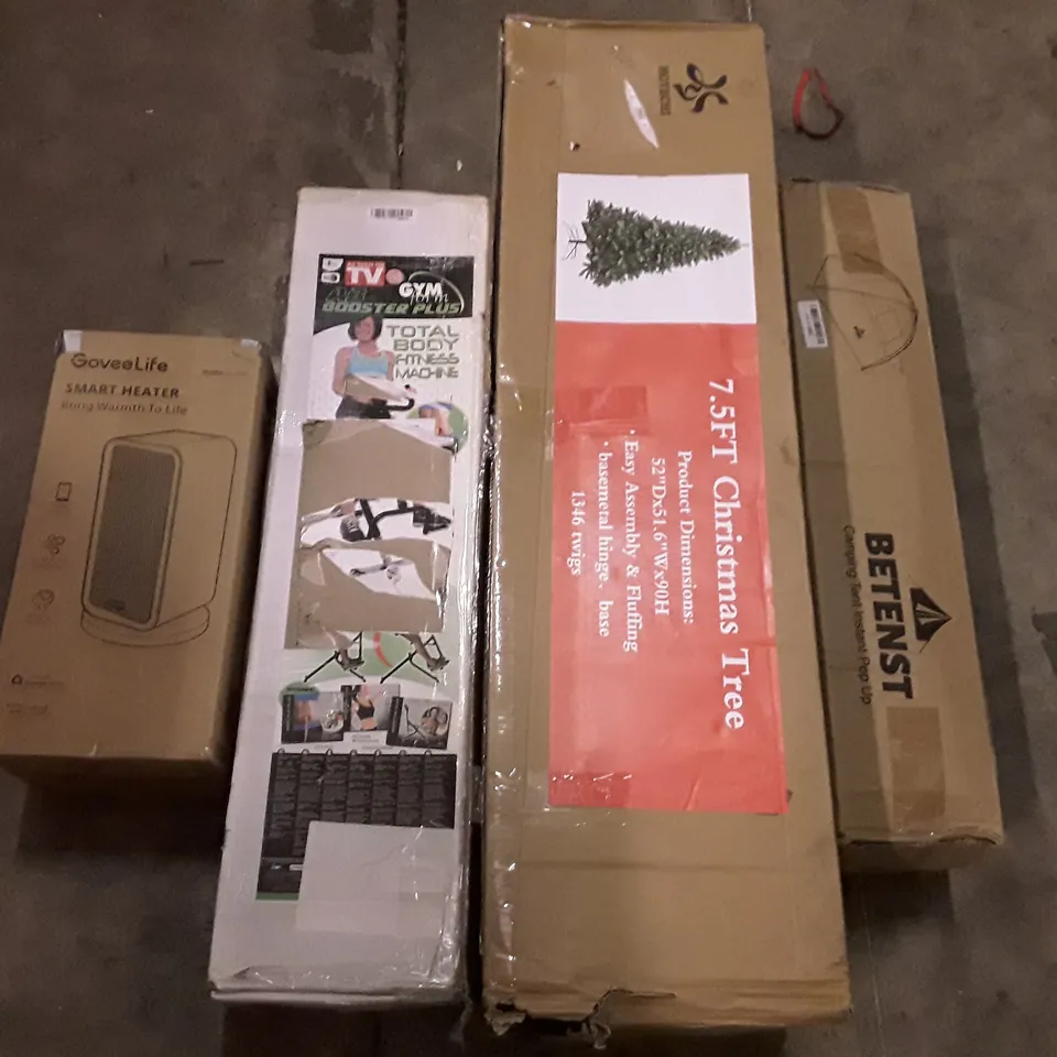PALLET OF ASSORTED PRODUCTS INCLUDING POP UP CAMPING TENT, 7.5FT CHRISTMAS TREE, TOTAL BODY FITNESS MACHINE, SMART HEATER