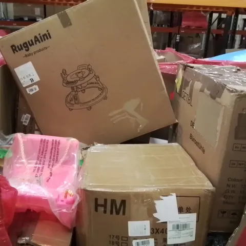 PALLET CONTAINING VARIOUS ASSORTED BOXED HOUSEHOLD ITEMS TO INCLUDE: BABY WALKER, OFFICE CHAIR, BALANCE BIKE AND LOTS MORE UNMARKED BOXED ITEMS
