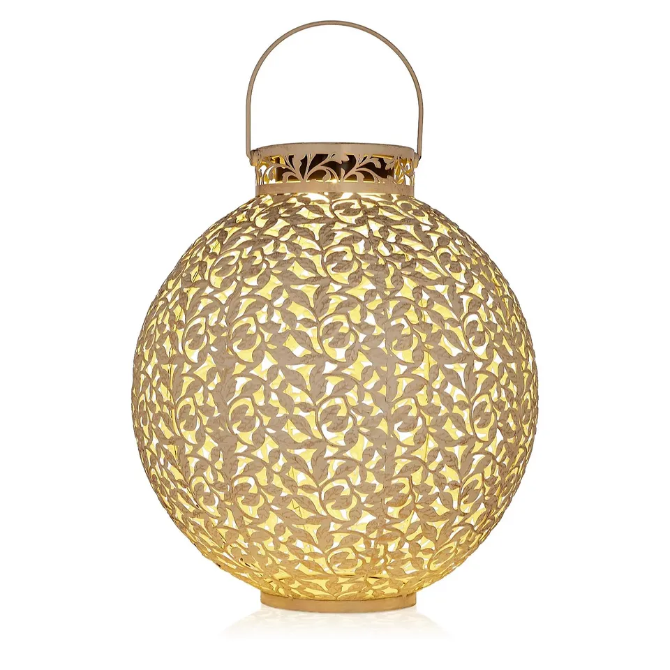 GARDEN STORIES OUTDOOR SOLAR LEAF PATTERN ROUND LANTERN GREEN BOXED