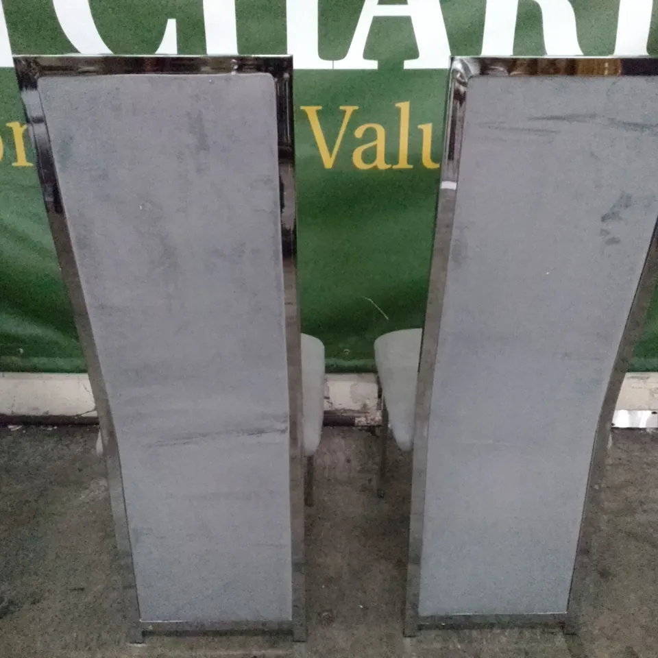 SET OF 2 NEW CELESTE GREY VELVET AND CHROME DINING CHAIRS 