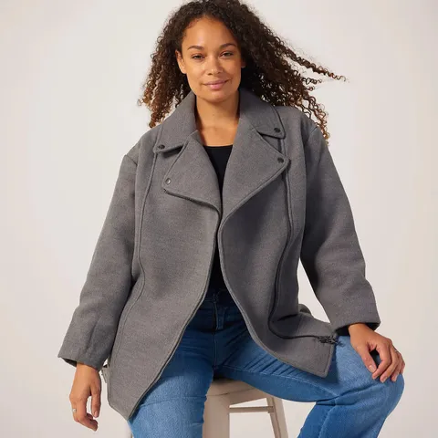 MARLAWYNNE MELTON FEEL REFINED MOTO JACKET CHARCOAL HEATHER XXXL