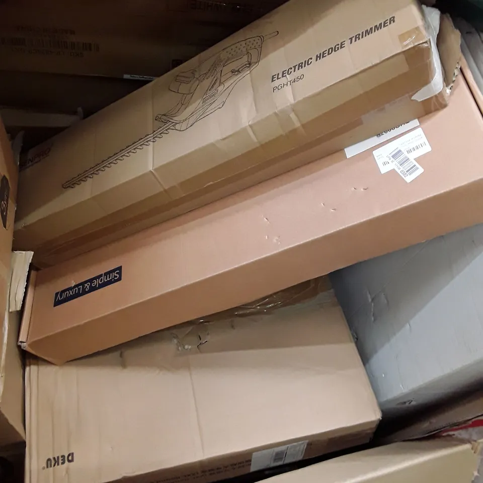 PALLET OF ASSORTED HOUSEHOLD GOODS AND PRODUCTS TO INCLUDE; SHOWER SET, KIDS SWIVEL CHAIR, HEDGECUTTERS, BOXED FURNITURE ECT