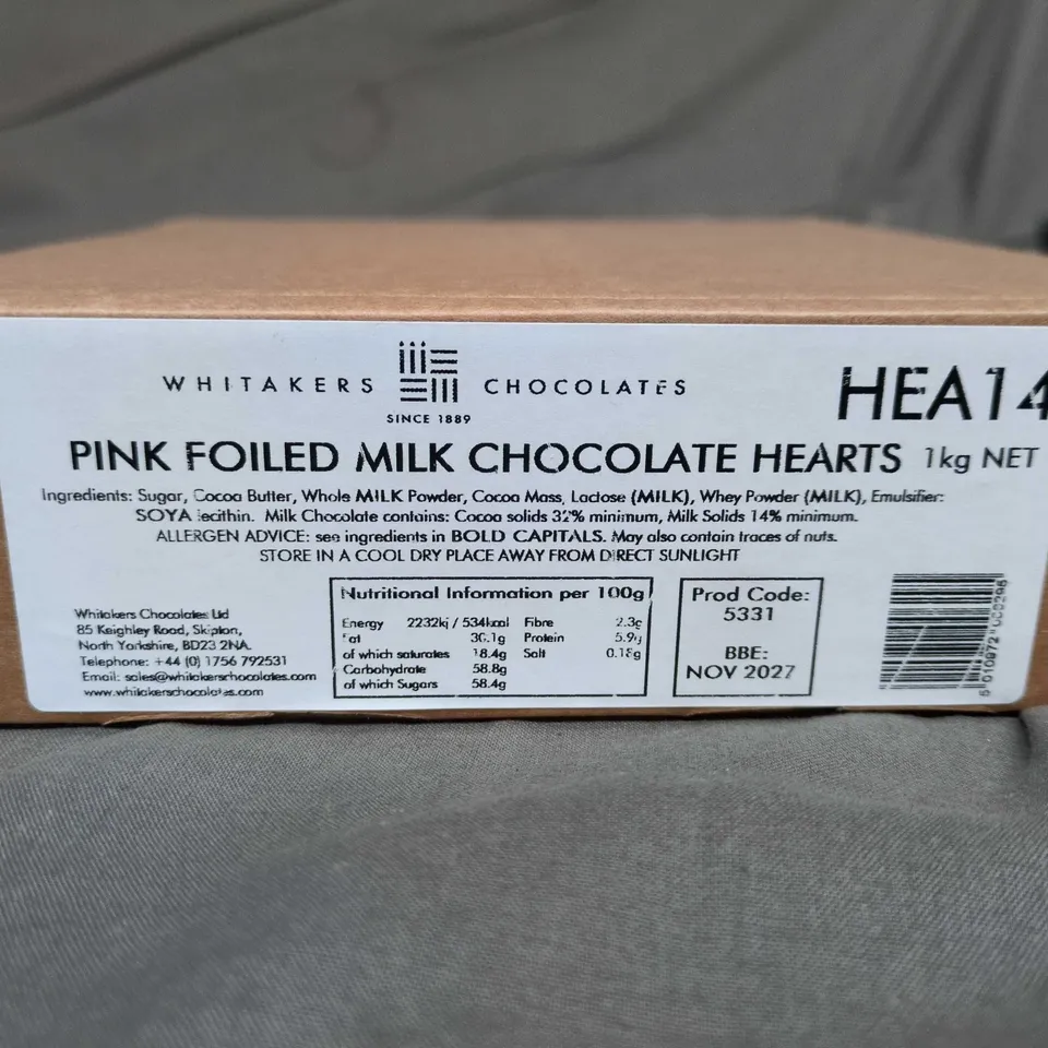 WHITAKERS PINK FOILED MILK CHOCOLATE HEARTS – 1KG NET (APPROX. 166 PIECES)