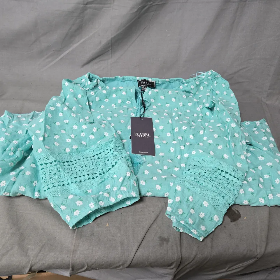 IZABEL LONDON TEAL FLORAL PRINT DRESS/TOP, UK 12 – LONG-SLEEVE WITH LACE DETAILING (VERIFY MODEL)