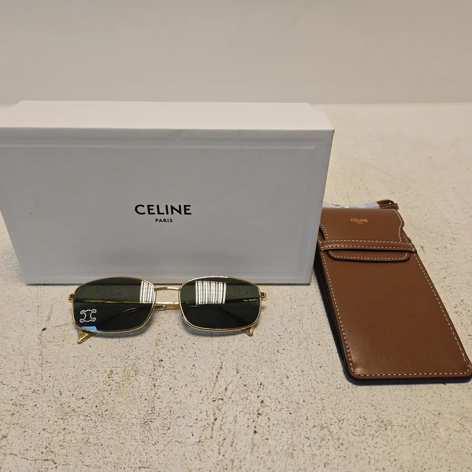 CÉLINE SUNGLASSES WITH LEATHER CASE – GOLD FRAME, DARK LENSES