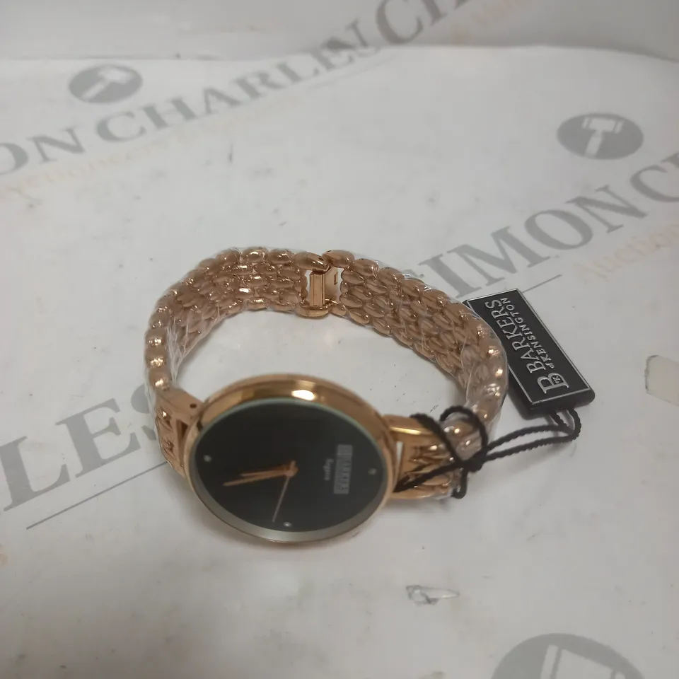 BOXED BARKERS OF KENSINGTON REGATTA BLACK DIAL STEEL STRAP WATCH 