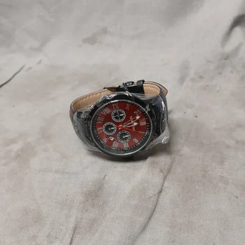 GLOBENFELD WATCH – RED CHRONOGRAPH DIAL, BLACK LEATHER STRAP