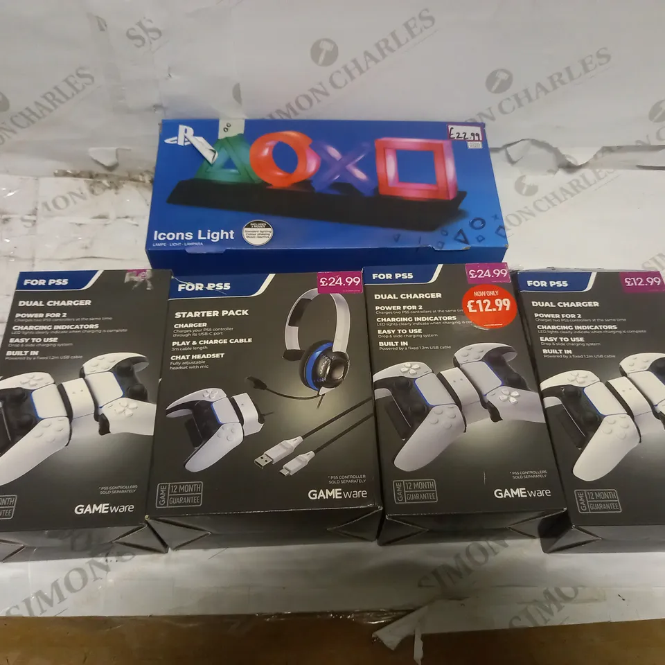 LOT OF 5 PLAYSTATION ACCESSORIES TO INCLUDE CONTROLLER CHARGERS, HEADSET AND DECOR LIGHT