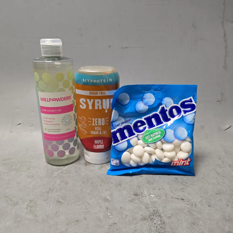 APPROXIMATELY 7 ASSORTED FOOD ITEMS TO INCLUDE - MY PROTEIN SYRUP MAPLE FLAVOUR , MENTOS ETC