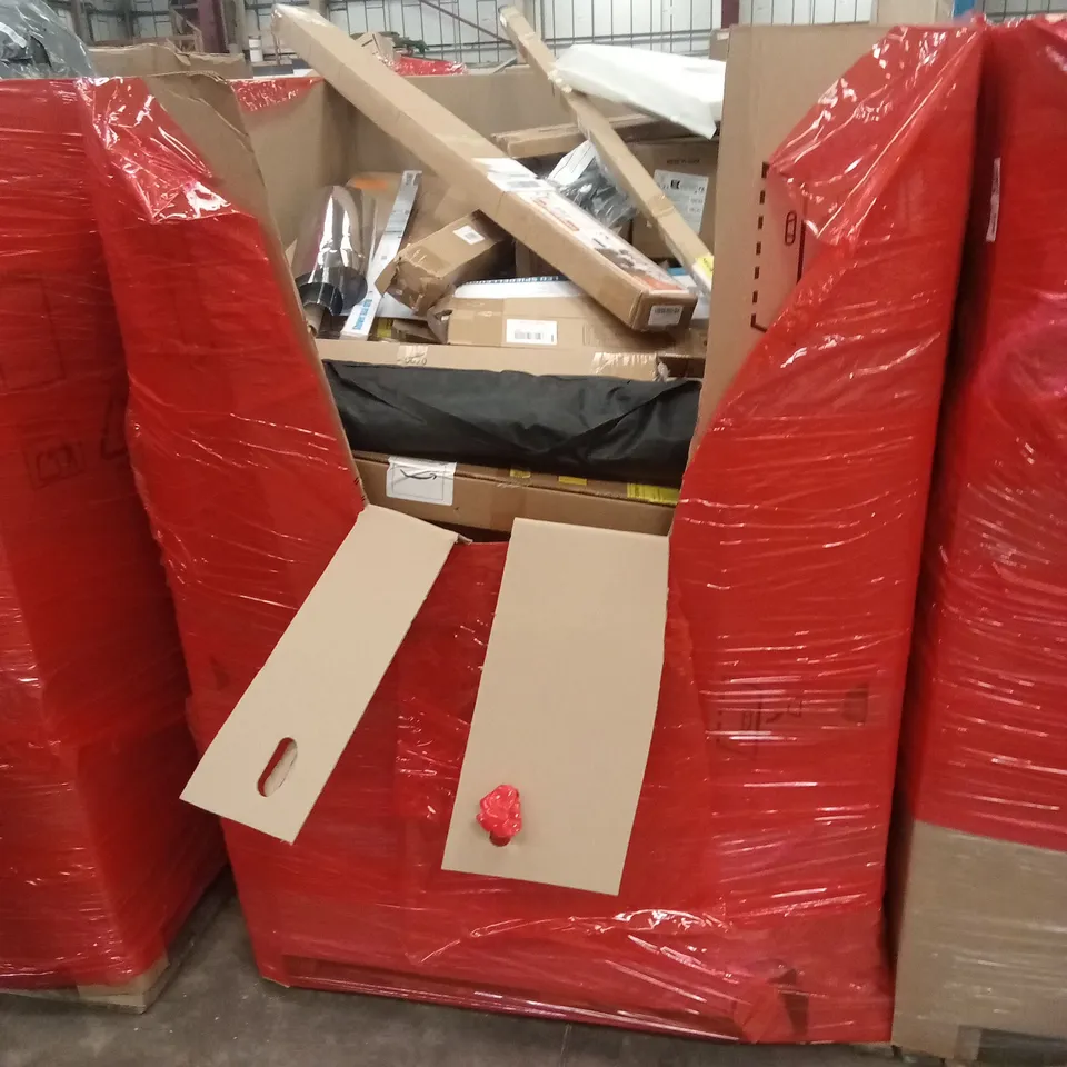 PALLET OF ASSORTED HOUSEHOLD GOODS AND PRODUCTS TO INCLUDE; TRAMPOLINE, SOLAR BATTERY CHARGER, STAIR TREAD GAUGE ETC