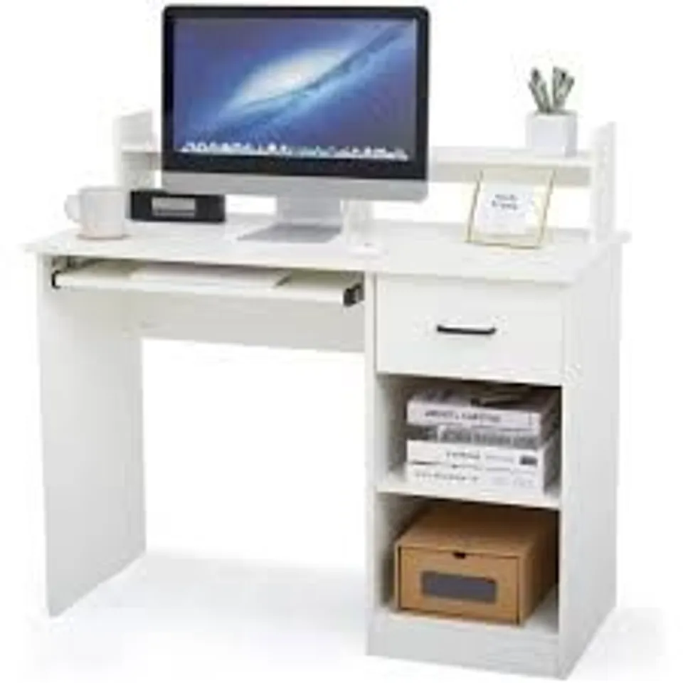 BOXED MEERVEIL DESK, COMPUTER DESK WITH MONITOR STAND AND KEYBOARD TRAY, 104 CM X 48 CM X 96 CM, WOODEN TABLE WITH ADJUSTABLE SHELF AND DRAWERS, WHITE