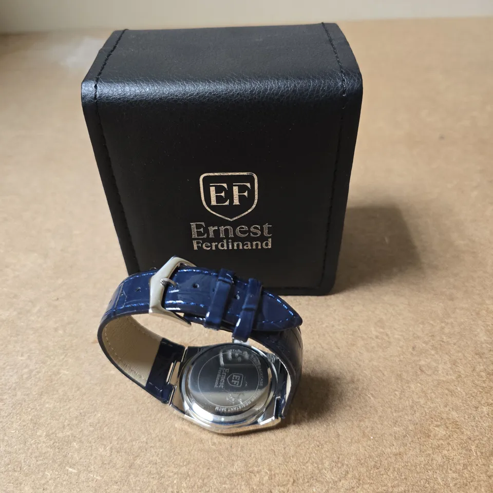 ERNEST FERDINAND EF WRISTWATCH –BLUE DIAL AND BLUE LEATHER STRAP, BOXED