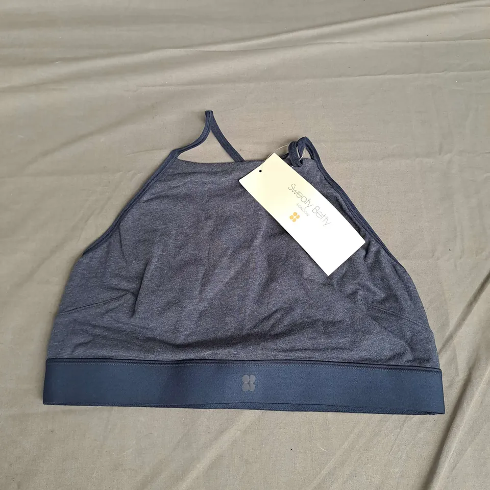 SWEATY BETTY SUNDOWN SOFT COTTON HIGH NECK BRALETTE IN NAVY BLUE HEATHER SIZE M