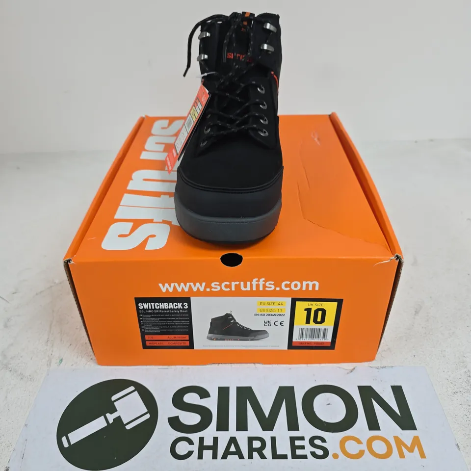 BOXED PAIR OF SCRUFFS SWITCHBACK 3 SR RATED SAFETY BOOTS IN BLACK - UK 10