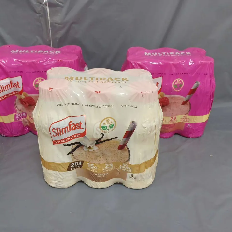 LOT OF 3 PACKS (6 PER PACK) OF SLIMFAST MEAL REPLACEMENT DRINKS. RASPBERRY AND WHITE CHOC AND VANILLA FLAVOURS 325ML PER BOTTLE