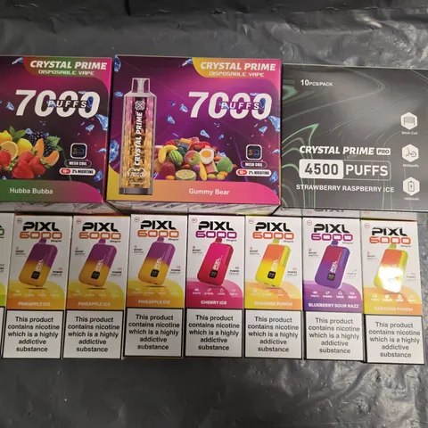 APPROXIMATELY 14 ASSORTED E-CIGARETTE PRODUCTS TO INCLUDE - CRYSTAL PRIME AND PIXL 6000