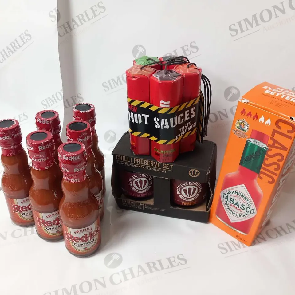 NINE ASSORTED HOT SAUCE PRODUCTS TO INCLUDE; CHILLI PRESERVE SET, TABASCO, HOT SAUCE TASTE EXPLOSION AND FRANKS RED HOT ORIGINAL
