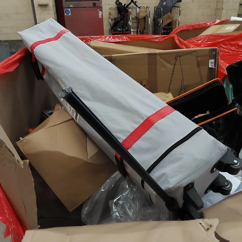 PALLET TO CONTAIN ASSORTED HOUSEHOLD ITEMS AND CONSUMER PRODUCTS. INCLUDING POP-UP GAZEBO, CAMPING BED, TOWEL RACK, LIGHTS ETC