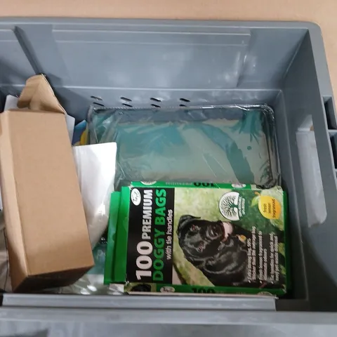 ASSORTED TOTE BOX INCLUDES APPROXIMATLEY 10 -15 ITEMS , METAL PSOTER, BLOOD PRESSURE APPARATUS , TAPE ECT