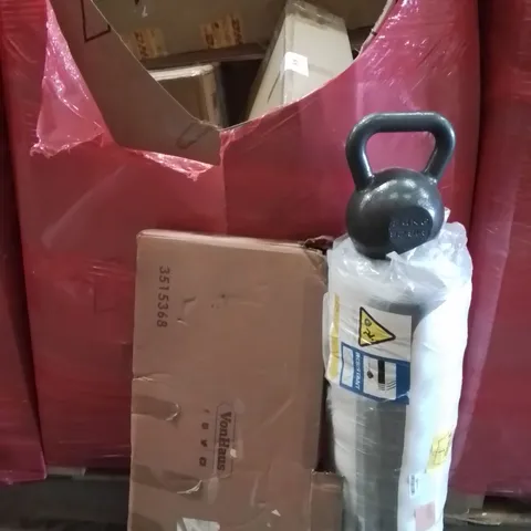 PALLET CONTAINING VARIOUS ASSORTED BOXED HOUSEHOLD ITEMS TO INCLUDE: ROLLED AND BOXED MATTRESSES, BRIGE TABLE, 24KG WEIGHT, RACKING UNIT AND LOTS MORE UNMARKED BOXED ITEMS