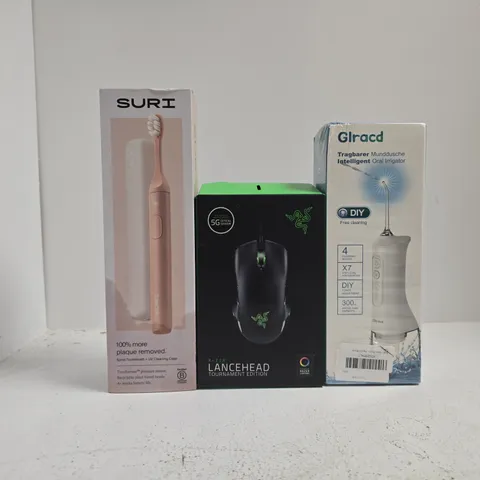 APPROXIMATELY 10 ASSORTED HOUSEHOLD ITEMS TO INCLUDE RAZER LANCEHEAD MOUSE, ORAL IRRIGATOR, ETC