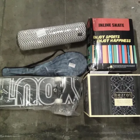 PALLET OF ASSORTED ITEMS INCLUDING YOUTH SKATEBOARD, LEEWADEE SMALL YOGA BOLSTER, BADMINTON RACKETS, BEZRAT GLOBE WHISKEY DECANTER, INLINE SKATES