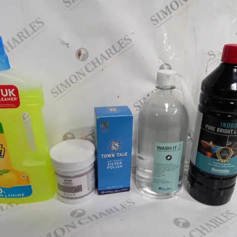 BOX OF APPROX 8 ASSORTED LIQUIDS TO INCLUDE - LAMP OIL - WASH IT 2 RECORD CLEANING LIQUID - TOWN TALK SILVER POLISH - FLASH CLEAN & SHINE ECT