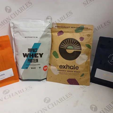 BOX OF APPROX 8 ITEMS TO INCLUDE MYPROTEIN WHEY IMPACT PROTEIN, EXHALE ORGANIC HOUSE ROAST COFFEE, REDEMPTION ROASTERS COFFEE