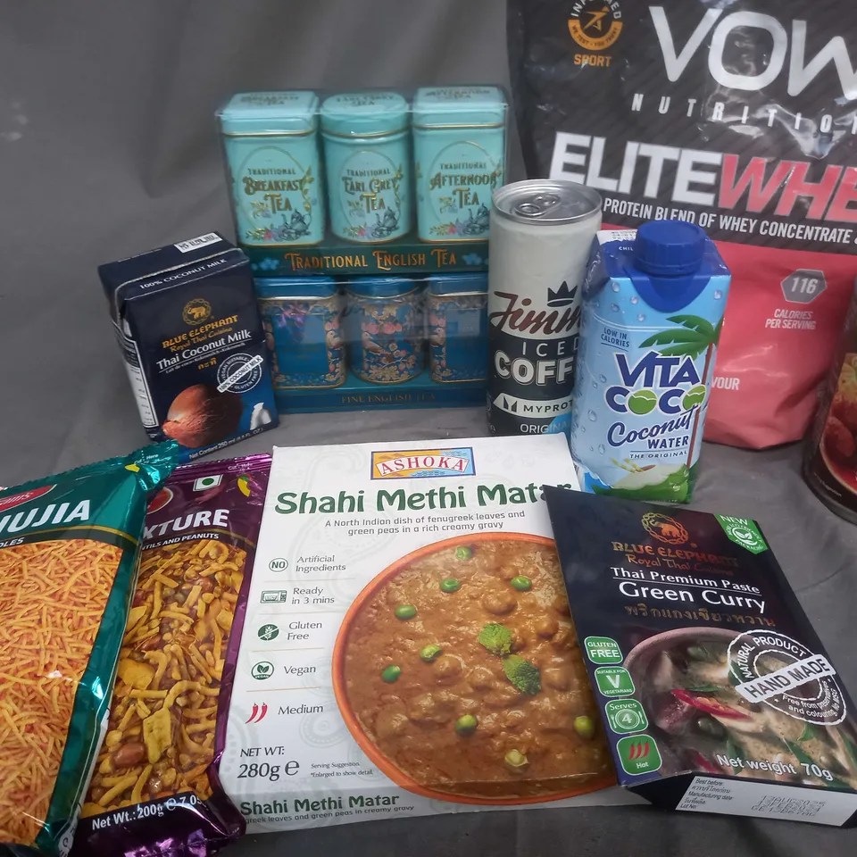 APPROXIMATELY 20 ASSORTED FOOD AND BEVERAGE PRODUCTS TO INCLUDE, VOW PROTEIN POWDER, BLUE ELEPHANT COCONUT MILK, VITA COCONUT WATER, TRADITIONAL ENGLISH TEA